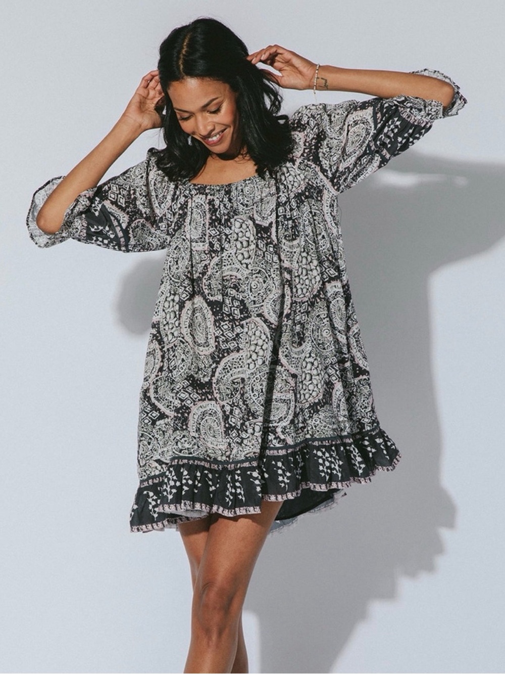 Cleobella Black & White Paisley Ruffle Hem Dress